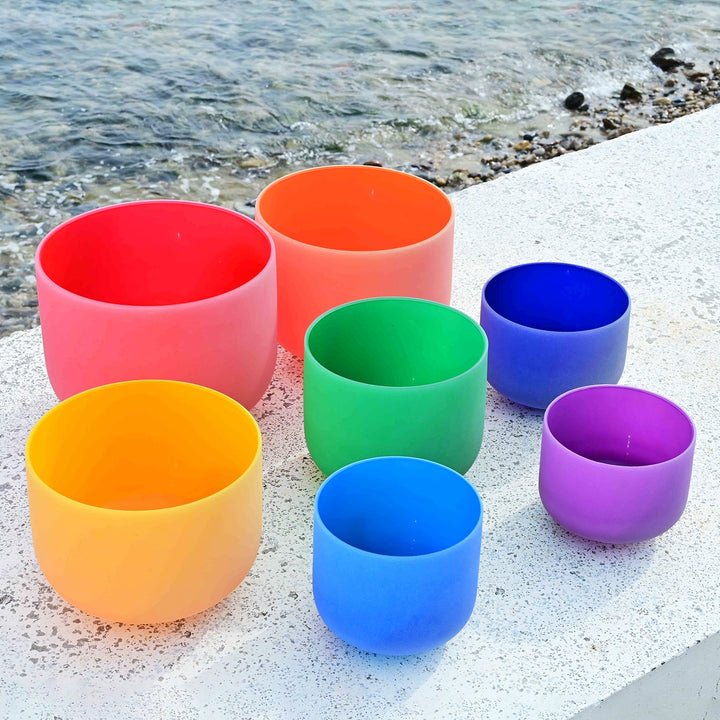Coloured Frosted Quartz Crystal Singing Bowl SET 7pcs with bags 432hz